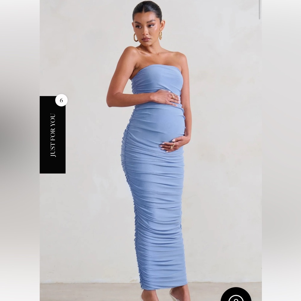 MY LADY MATERNITY POWDER BLUE STRAPLESS BODYCON RUCHED MESH MAXI DRESS